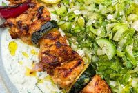 Grilled Pepperoncini Chicken Kabobs with Spicy Yogurt Sauce & Maroulosalata