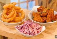 Firecracker Chicken Wings with Crispy Onion Rings & Fennel-Chilli Coleslaw