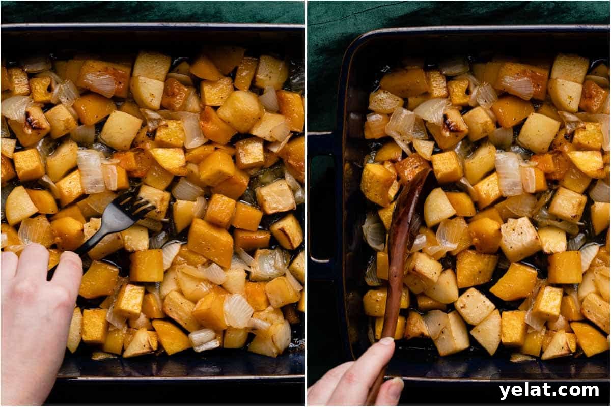 Maple-Glazed Roasted Squash and Apples for Fall Side Dish 11 collage of fork spearing cooked piece of butternut squash and wooden spoon stirring cooked vegetables