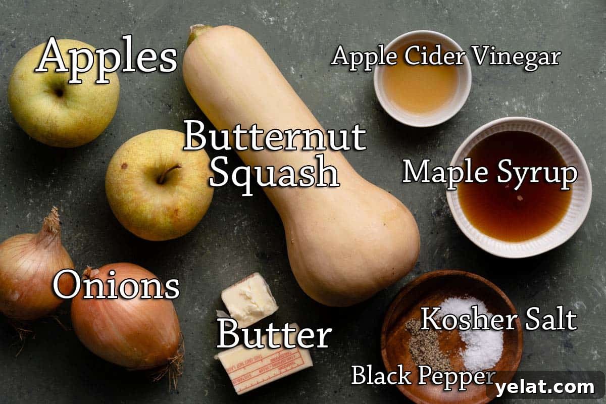 Maple-Glazed Roasted Squash and Apples for Fall Side Dish 3 recipe ingredients with text labesl