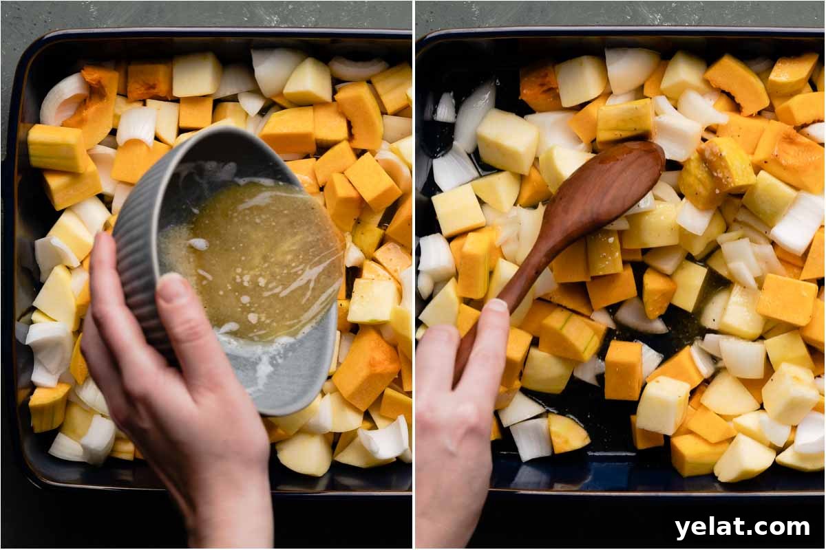 Maple-Glazed Roasted Squash and Apples for Fall Side Dish 9 collage with hand holding small bowl with butter mixture being poured over veggies and stirring veggies with butter mixture