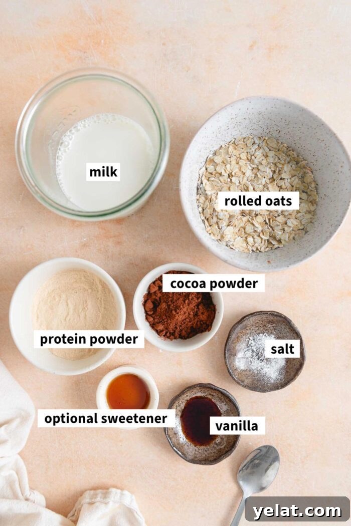 Brownie Batter Overnight Protein Oats Recipe 3 Ingredients for chocolate protein overnight oats, each labelled with text.