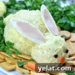 Picture of an Easter bunny shaped cheeseball appetizer.