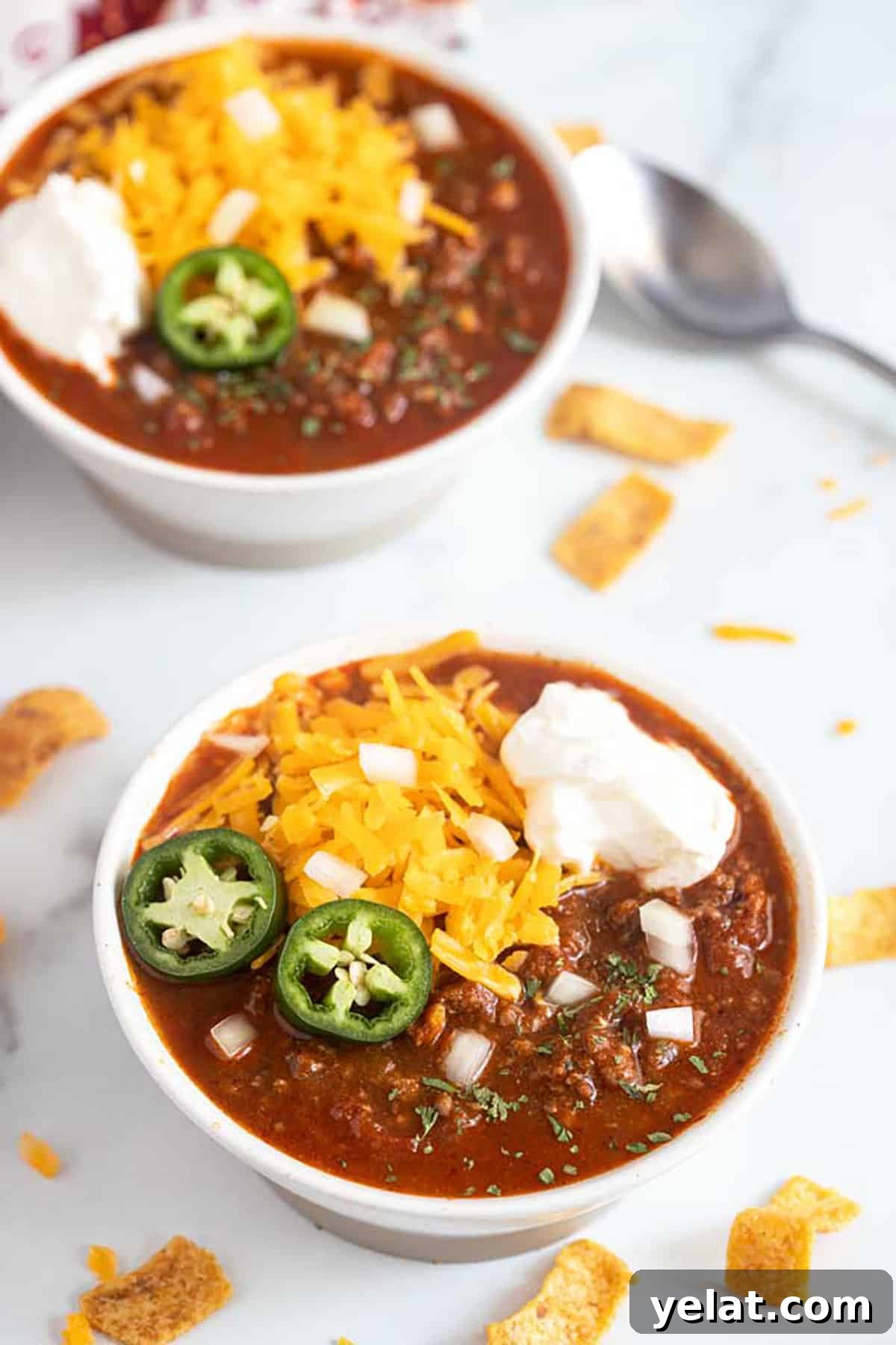 A bowl of Instant Pot Chili with all the toppings.
