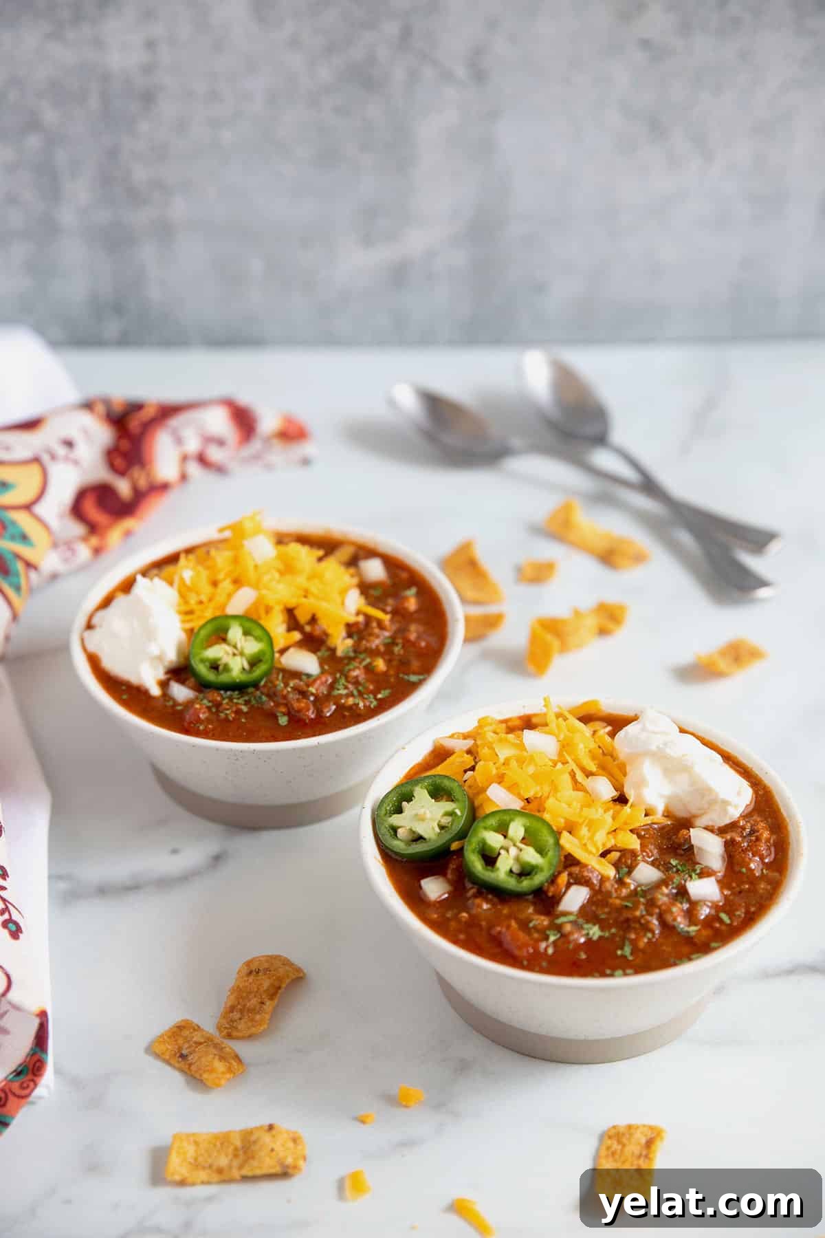 Homemade chili served on white bowls