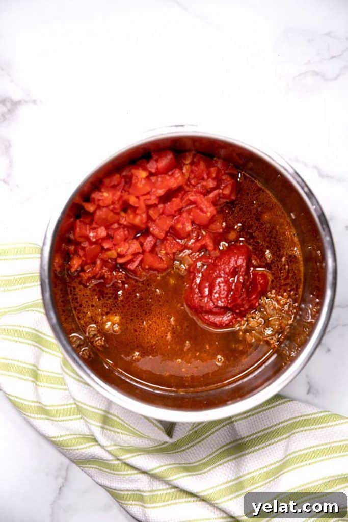 diced tomatoes, tomato paste, beer and beef broth over the ground beef