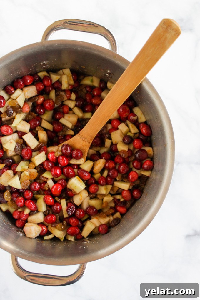 Favorite Cranberry Apple Pear Sauce - the perfect side dish for Thanksgiving or Christmas. It's packed with saucy cranberries, apples, pears, and sweet raisins. #Thanksgiving #recipes #vegan #glutenfree