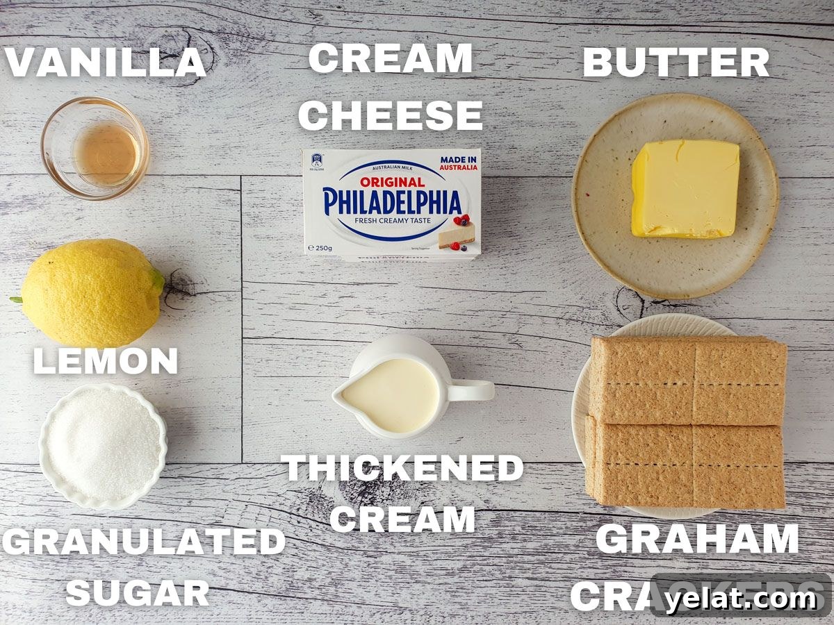 Philadelphia No-Bake Cheesecake Recipe — Creamy, Refrigerator Cheesecake 5 No bake cheesecake ingredients: vanilla extract, lemon, granulated sugar, cream cheese, thickened cream, butter, graham crackers.