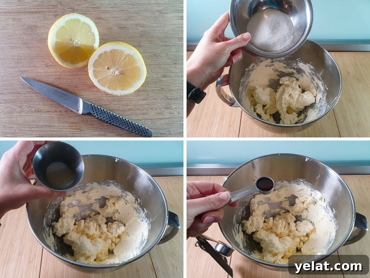 Philadelphia No-Bake Cheesecake Recipe — Creamy, Refrigerator Cheesecake 7 Process shots: slicing lemon to juice, adding sugar to softened cream cheese, adding lemon juice, adding vanilla.