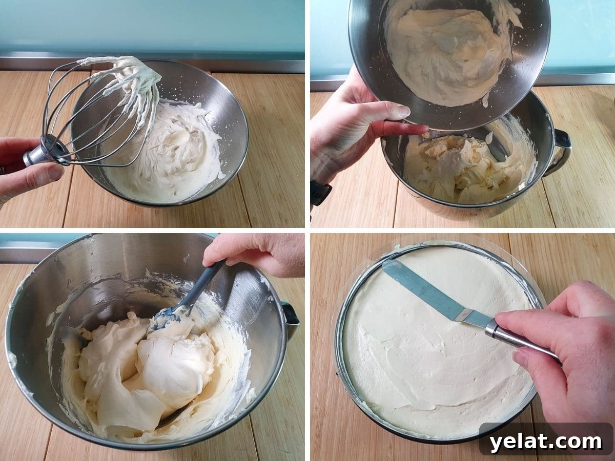Philadelphia No-Bake Cheesecake Recipe — Creamy, Refrigerator Cheesecake 8 Process shots, whipping cream to stiff peaks, adding cream to rest of mix, folding in cream, adding filling to base and smoothing down.