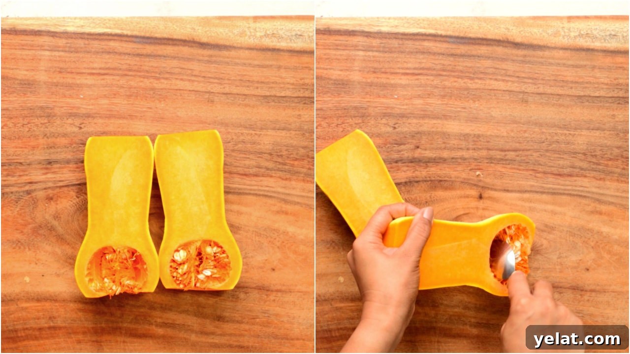 Peel and cut butternut Squash to half. Remove the seeds and pulp.