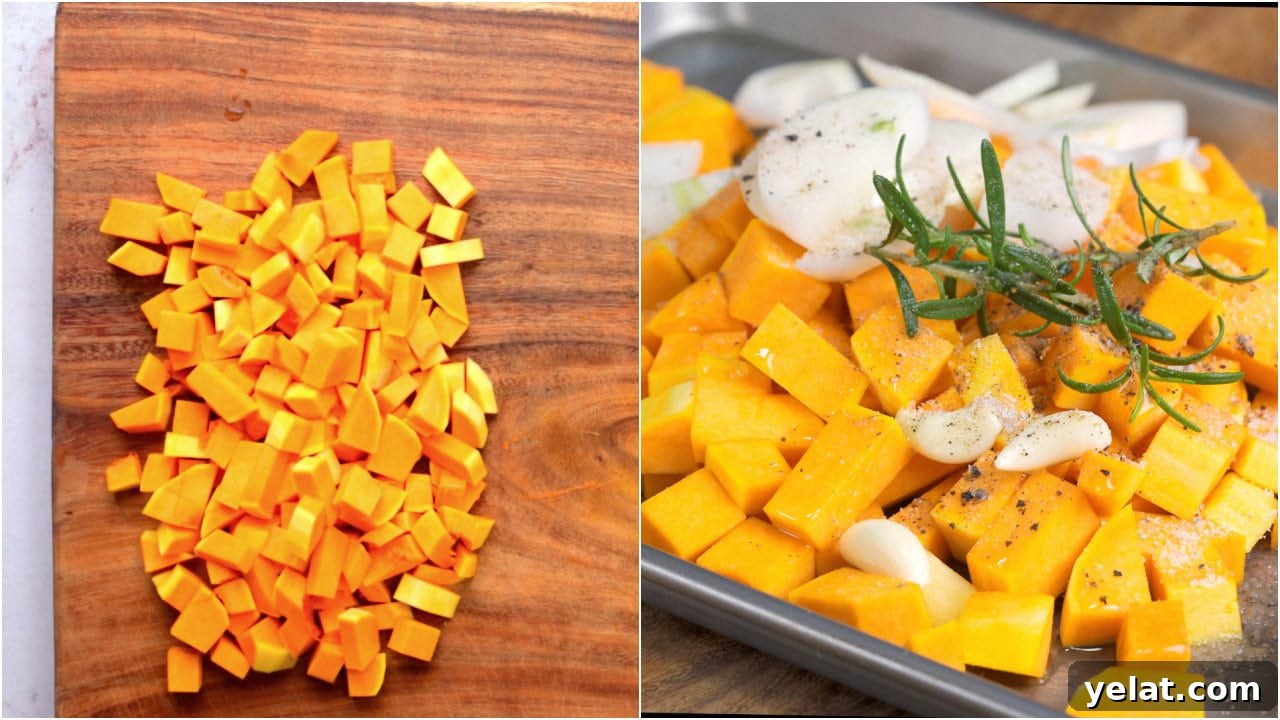 Collage showing steps before roasting - Season butternut squash with salt, pepper and oil. Roast along with onion, garlic and rosemary. 