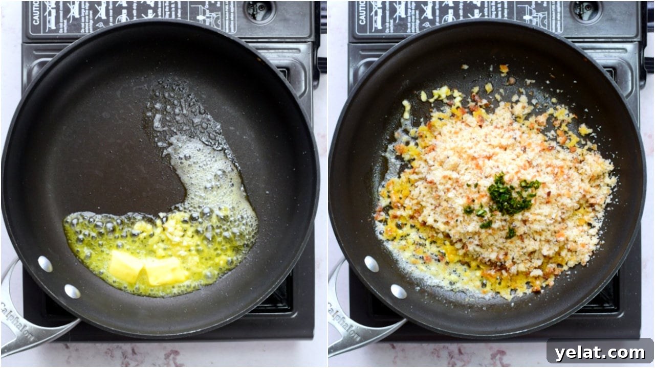 Collage showing sauteing steps - Saute garlic in butter and then add breadcrumbs. 
