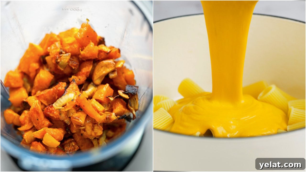 Blend toasted butternut squash, onion and garlic to a smooth sauce. 