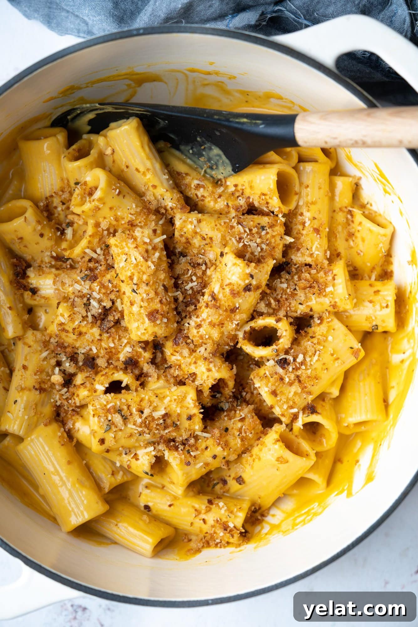 Top shot of a pot of creamy rigatoni pasta with roasted butternut squash sauce topped with crispy breadcrumb. 