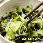 close up shot of japanese cucumber salad with seaweed, mung bean noodles and sesame seeds