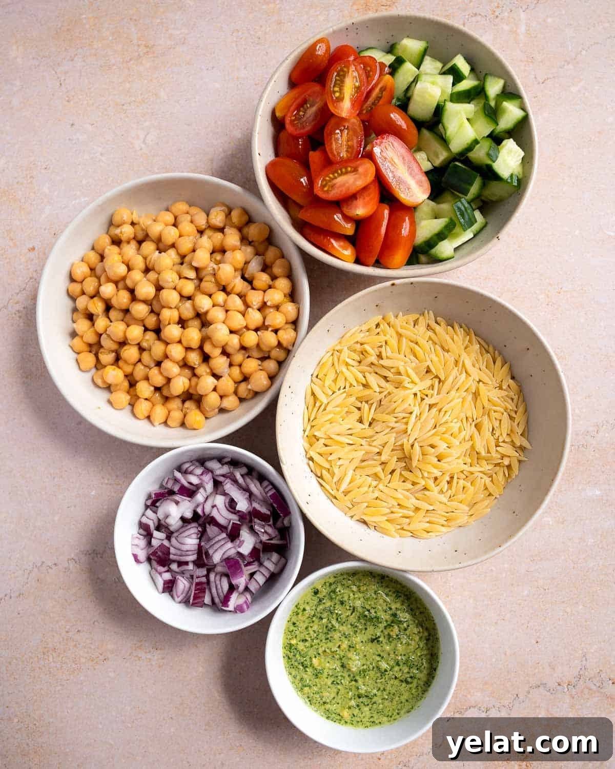 Chickpea Orzo Salad with Basil Pesto Dressing 3 Pesto Orzo Salad ingredients.