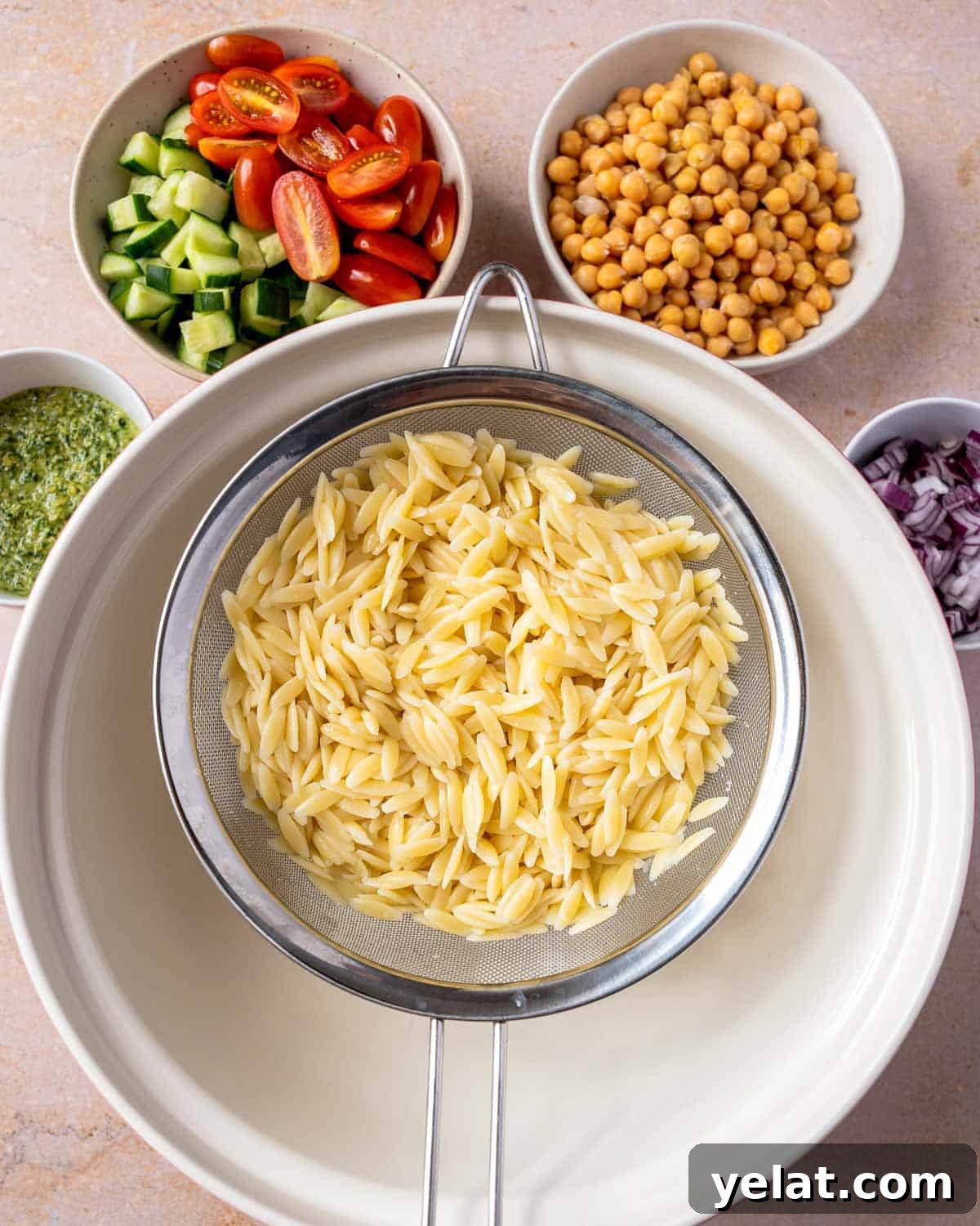 Chickpea Orzo Salad with Basil Pesto Dressing 4 Cooked orzo.