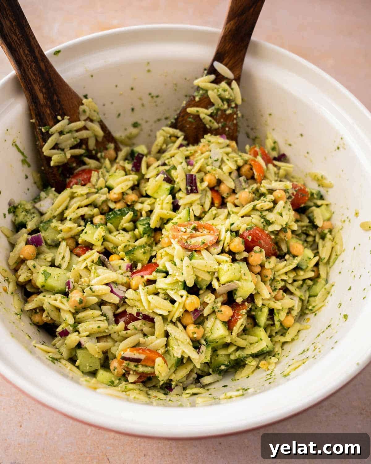Chickpea Orzo Salad with Basil Pesto Dressing 6 Orzo salad ingredients combined in mixing bowl.