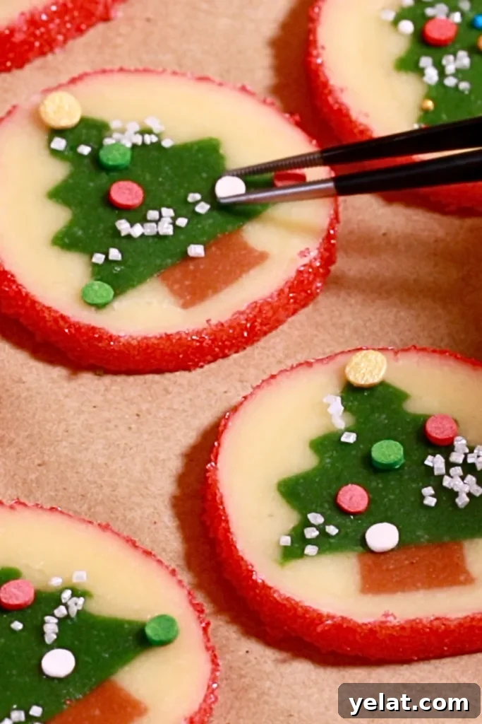 Slice-and-Bake Christmas Cookies: Tree, Reindeer & Gift Box Ideas 14 attaching sprinkles on christmas tree cookie dough