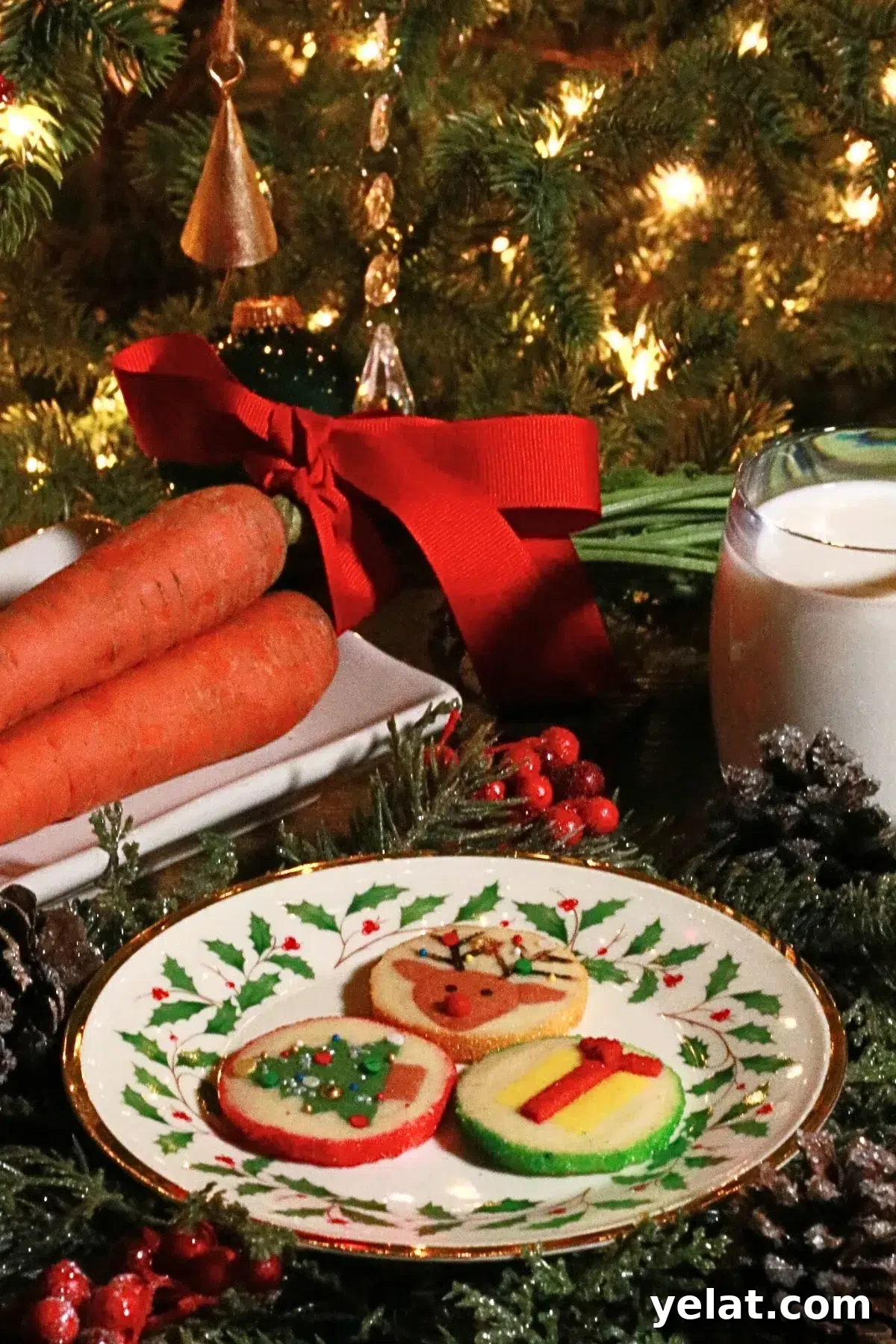 Slice-and-Bake Christmas Cookies: Tree, Reindeer & Gift Box Ideas 17 slice-and-bake Christmas cookies on a plate served with carrot and milk