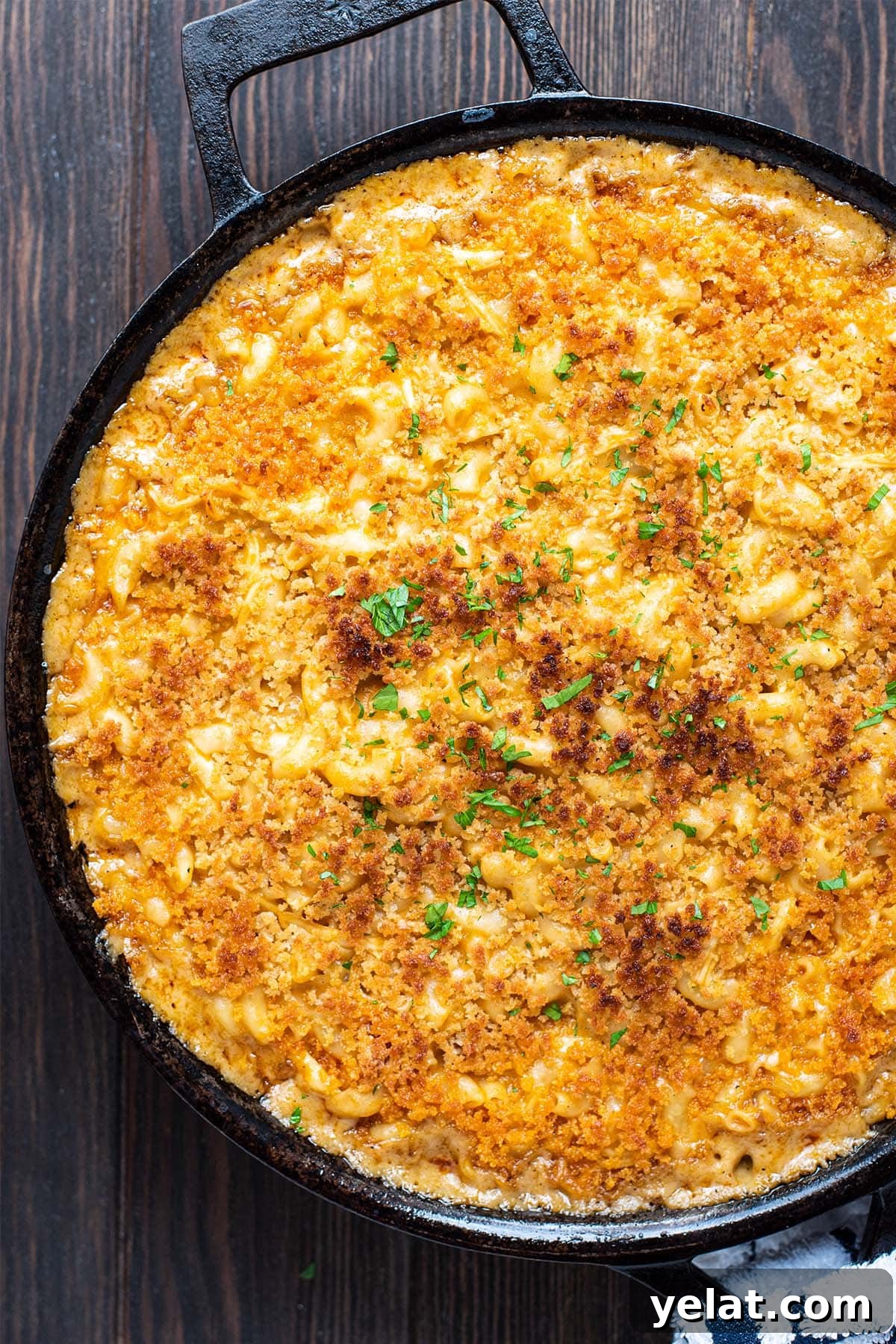 Skillet Buffalo Chicken Macaroni and Cheese Recipe 2 Golden baked buffalo chicken mac and cheese in a cast iron skillet.