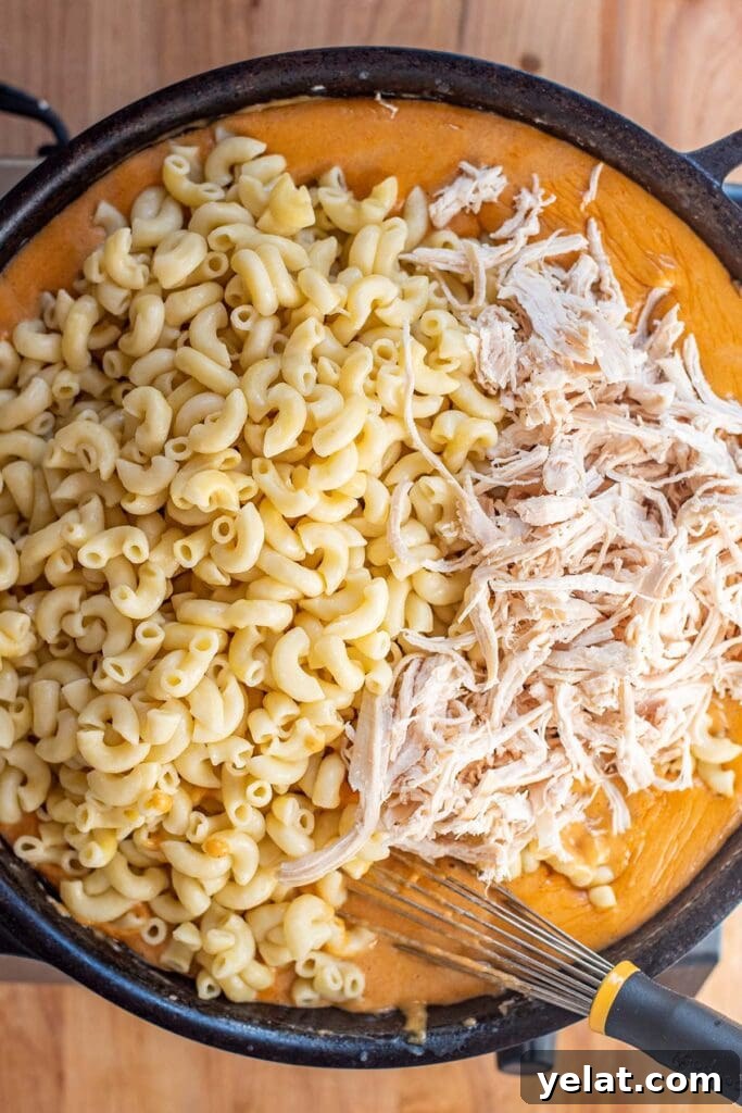 Skillet Buffalo Chicken Macaroni and Cheese Recipe 17 Adding cooked macaroni elbows and shredded chicken to the creamy buffalo cheese sauce in a cast iron skillet.
