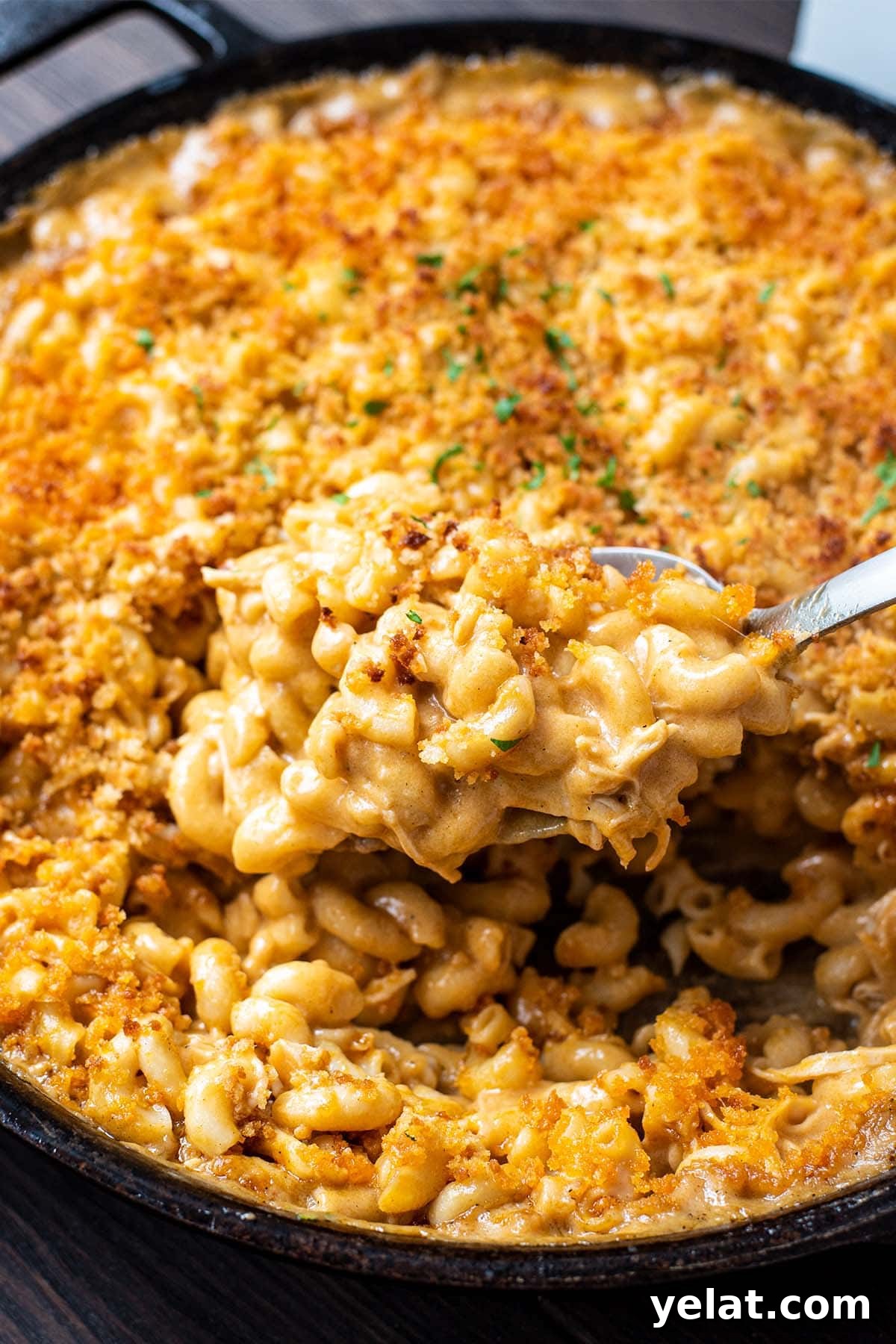 Skillet Buffalo Chicken Macaroni and Cheese Recipe 21 Close up golden baked buffalo chicken mac and cheese in a cast iron skillet with a large spoonful lifting away.