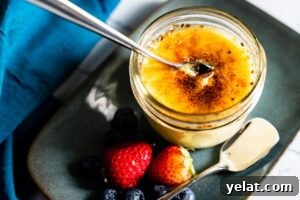 sous vide creme brulee in mason jar with spoon