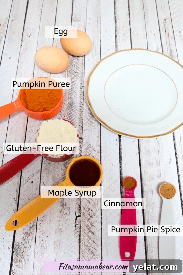 Multiple ingredients for pumpkin pancakes in measuring cups around a white plate
