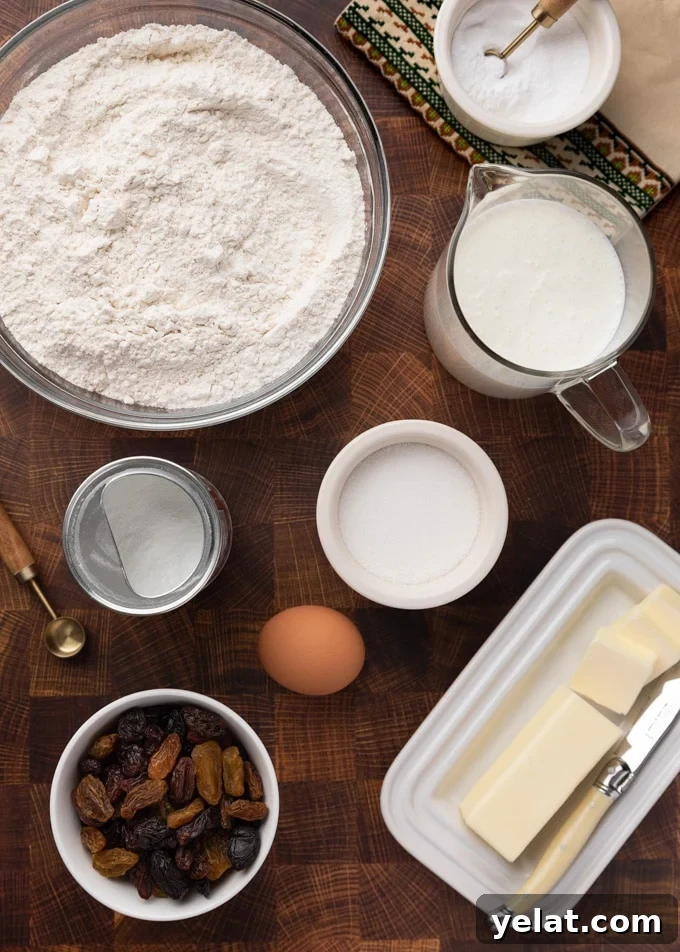 Classic Irish-American Soda Bread Recipe for Homemade Loaves 3 overhead of American-Style Irish Soda Bread ingredients