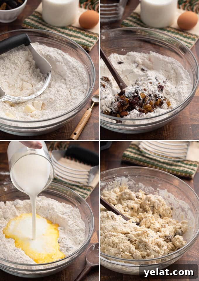 Classic Irish-American Soda Bread Recipe for Homemade Loaves 4 collage of four photos showing the process of making Irish-American soda bread dough with raisins