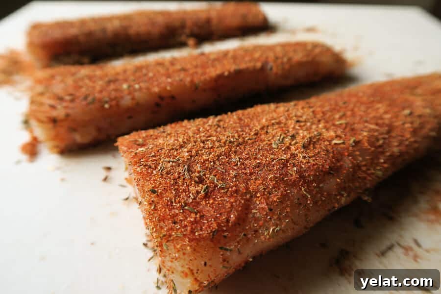 mani-mahi fillets dry rubbed with blackened seasoning