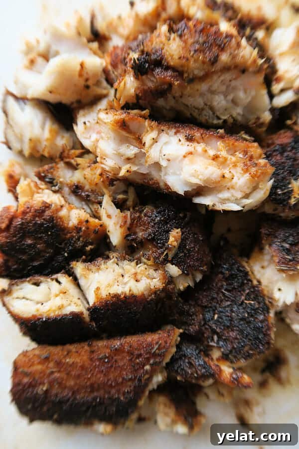 blackened mahi-mahi fish chopped up