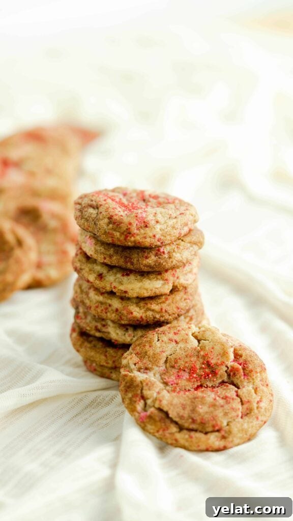 Valentine Snickerdoodle Cookies with Sweet Cinnamon Hearts 2 Classic snickerdoodles stacked with red sanding sugar.