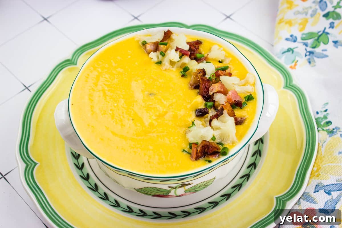 A closeup of a bowl of Cauliflower & Sweet Potato Soup.