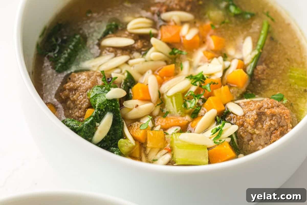 A close-up of a spoon holding a meatball in a bowl of Slow Cooker Italian Wedding Soup.
