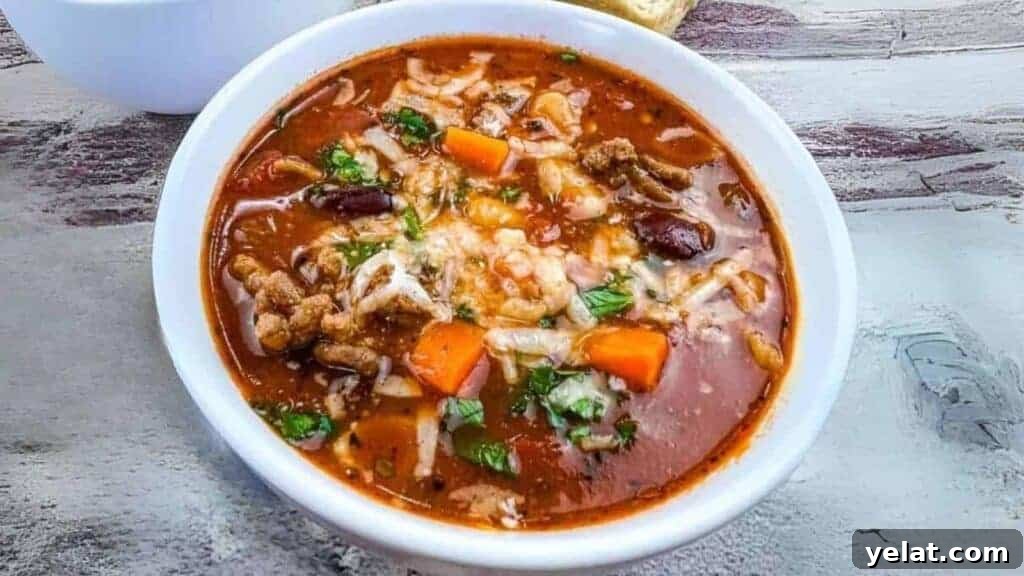 A bowl of Pasta e Fagioli Soup.