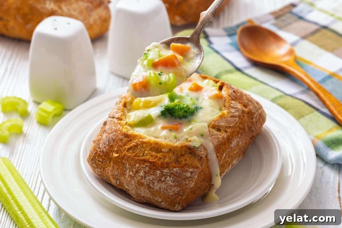 A bread bowl filled with creamy vegetable chowder, with a spoon scooping soup out; salt and pepper shakers, celery, and a wooden spoon are nearby.