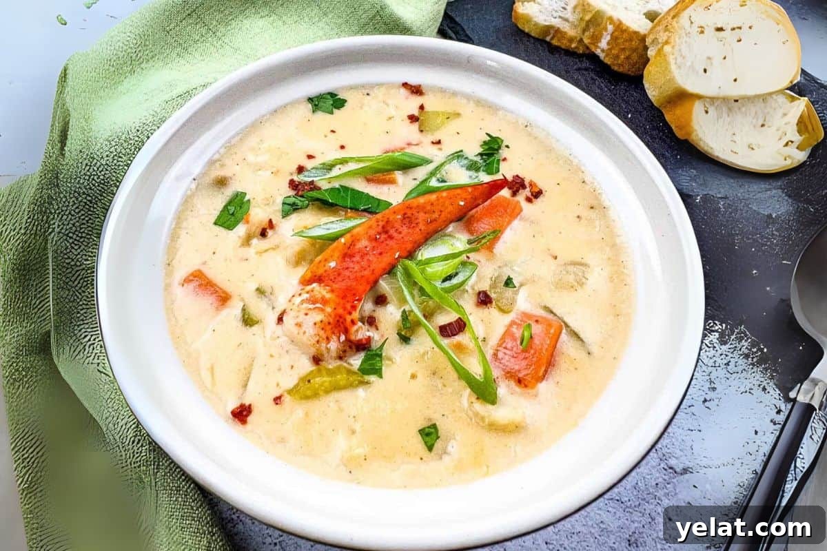A bowl of creamy lobster chowder garnished with sliced green onions and herbs.