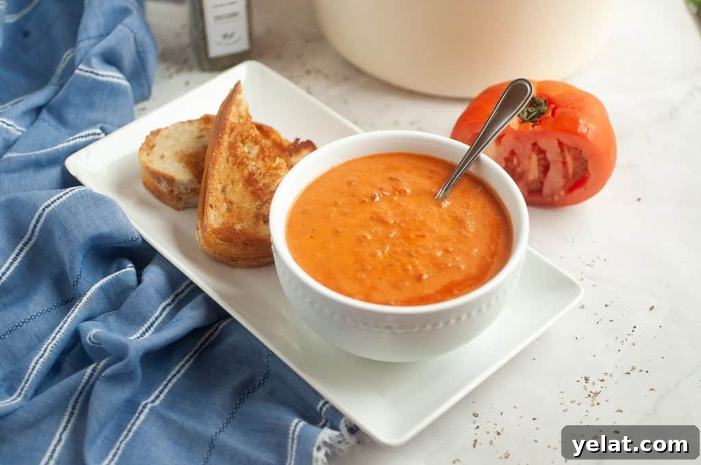 A bowl of tomato soup with a spoon, served with two slices of toasted bread on a white plate; a halved tomato and a blue cloth are nearby.
