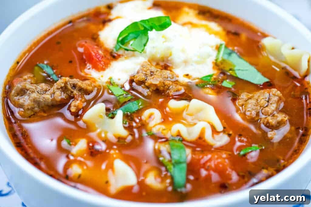 Bowl of lasagna soup and a dollop of cheese on top.