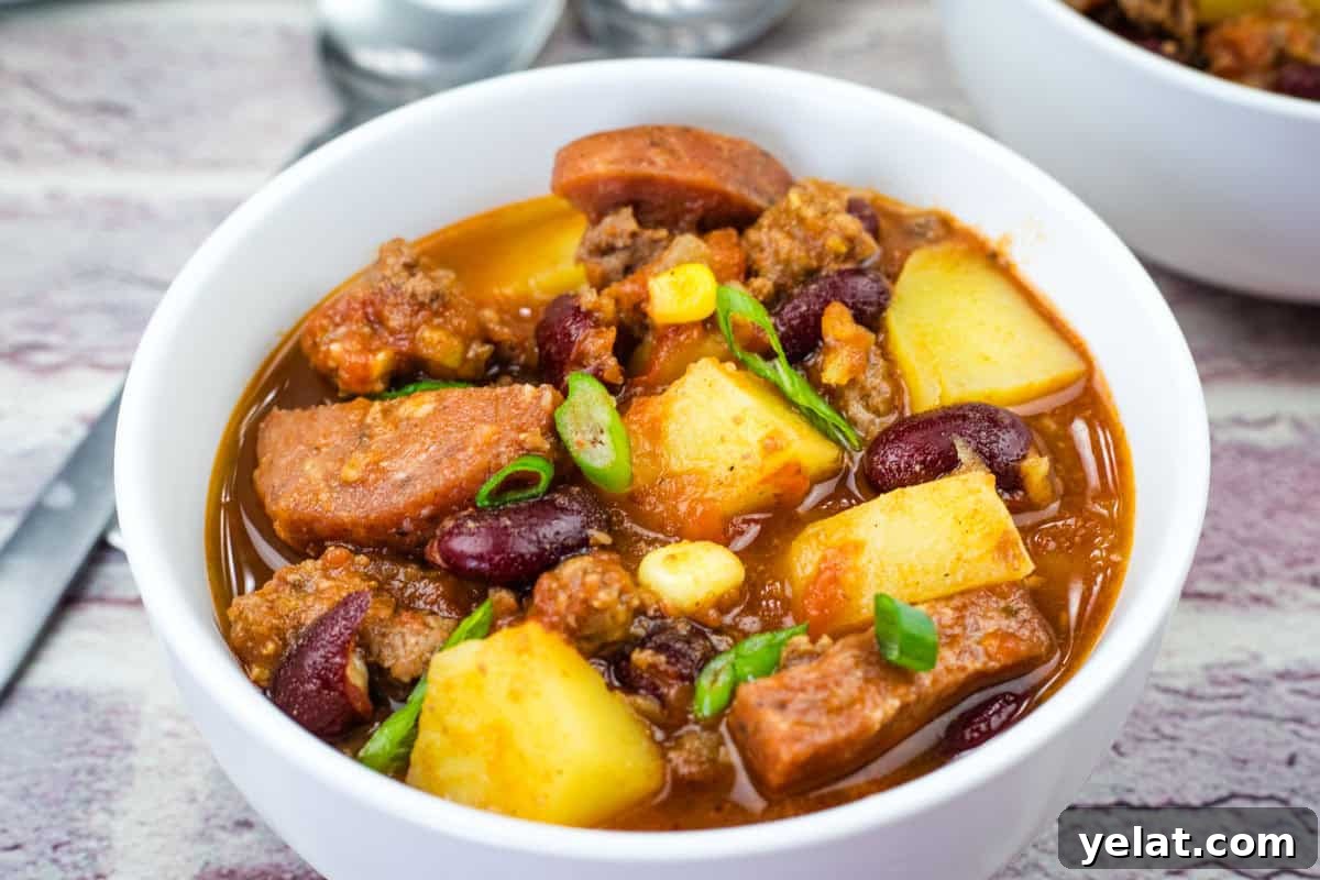 A white bowl of Texas cowboy stew.