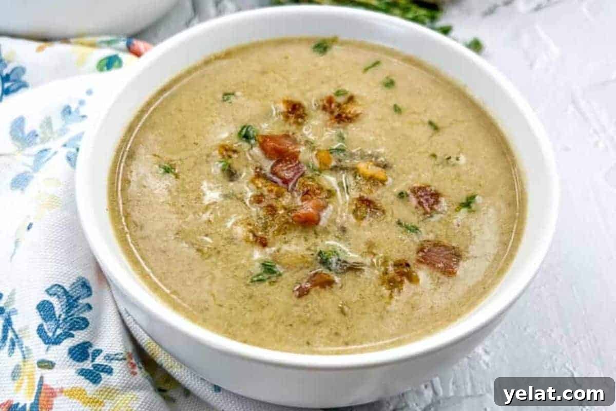 A bowl of caramelized onion & mushroom soup garnished with crispy bits and herbs on top.