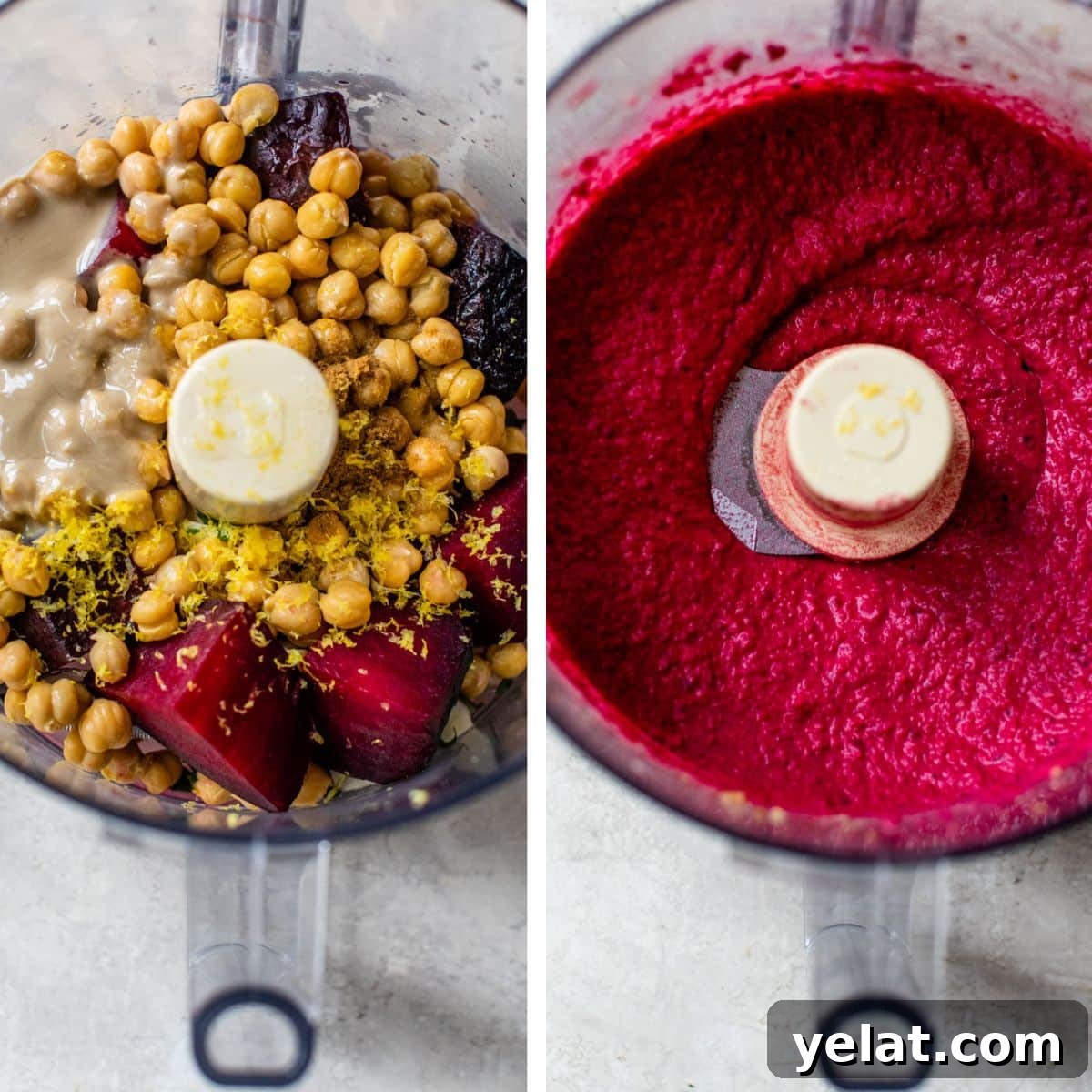 2 images: the left image shows all beet hummus ingredients added to a food processor and the right image shows those ingredients blended