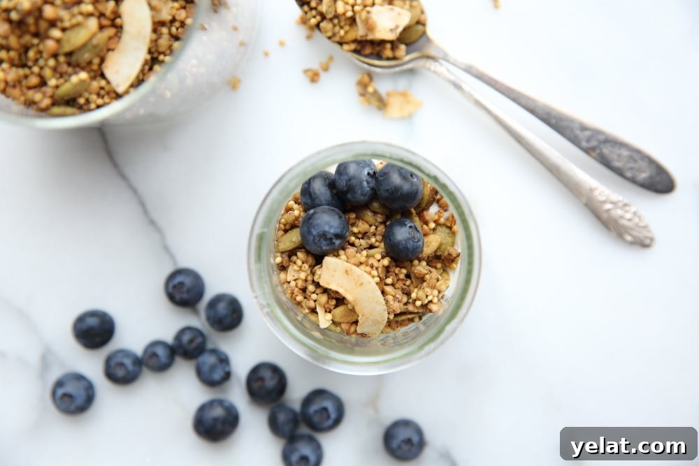 Toasted Buckwheat & Millet Granola – Gluten-Free, Vegan Option 6 Overhead shot of millet granola in jar with blueberries
