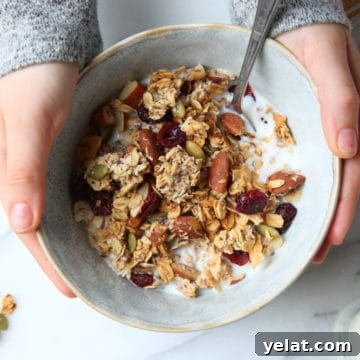 Gluten free granola recipe in bowl with milk