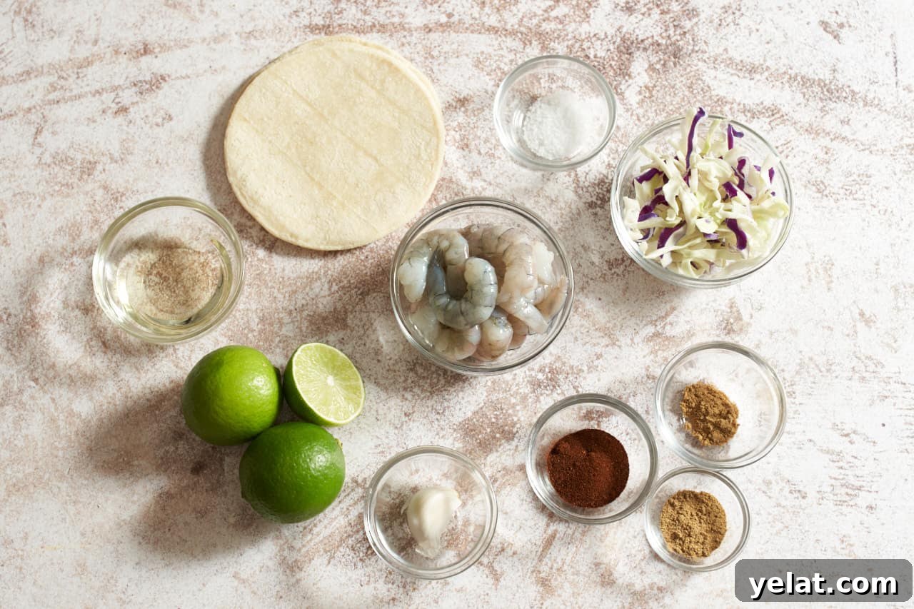 Fresh corn tortillas, some limes, and small bowls of shrimp, taco seasoning, garlic, salt, oil, and cabbage.