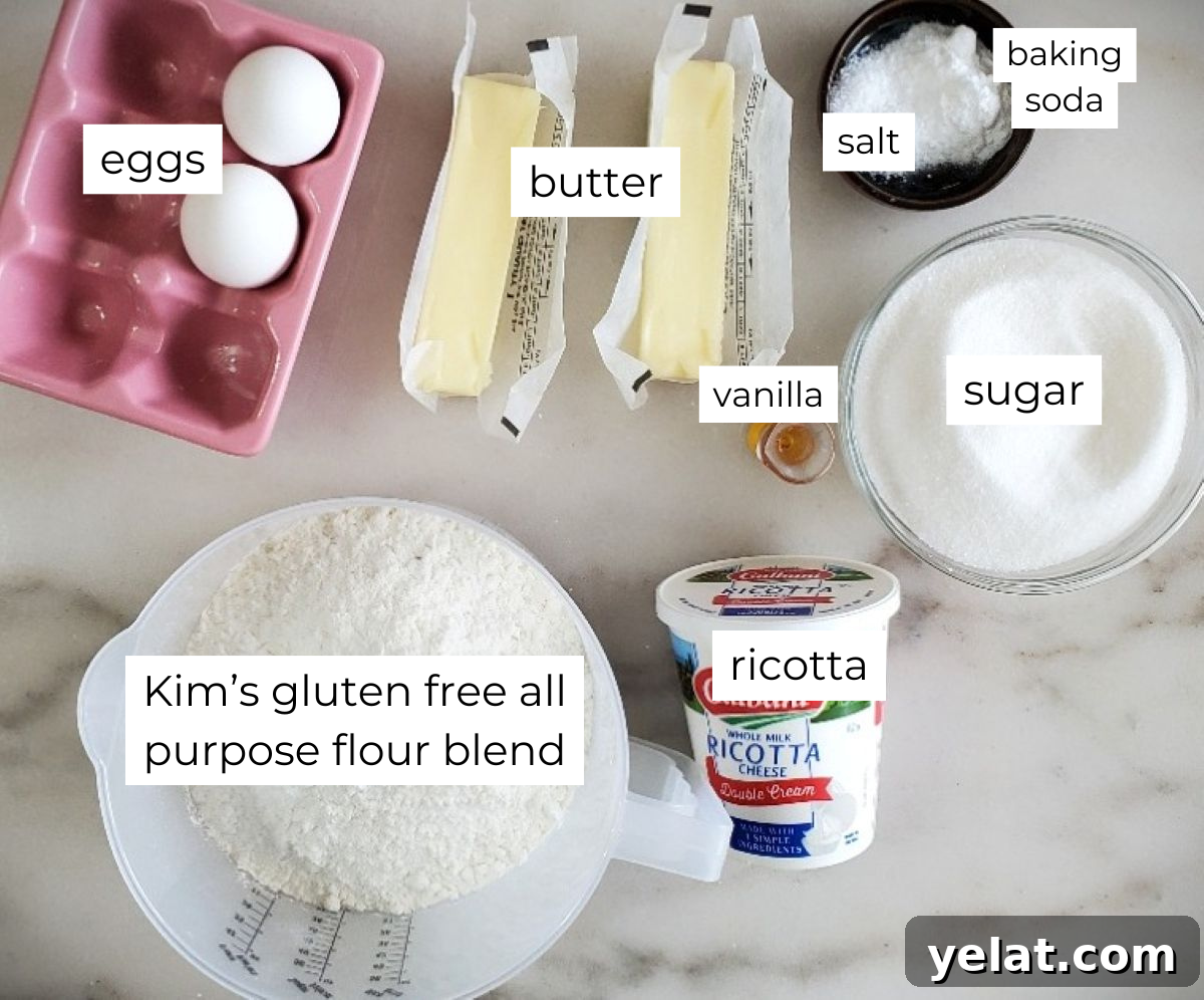 Irresistible Gluten-Free Ricotta Cookie Recipe 3 ricotta cookies ingredients measured out and labeled on marble counter.