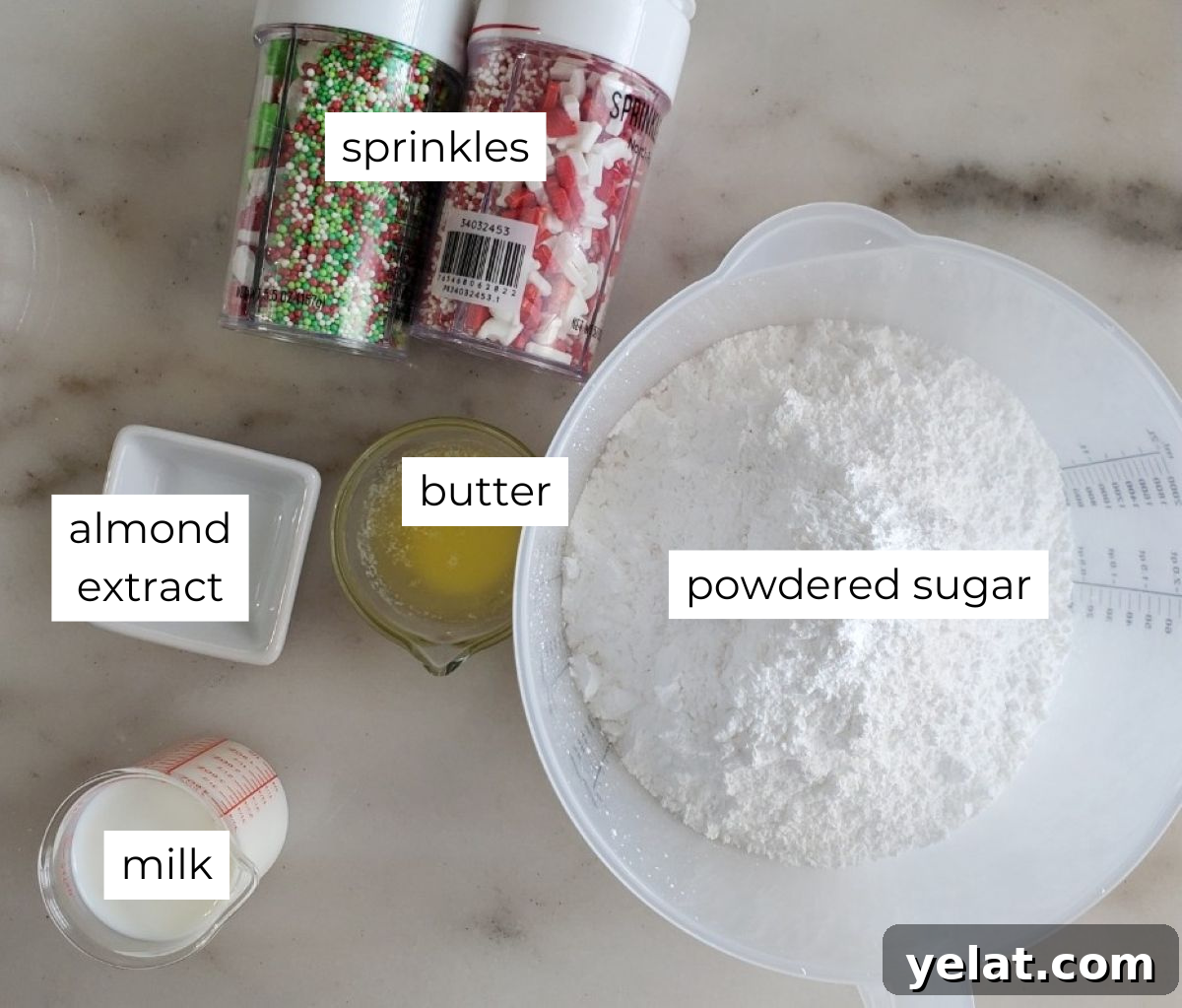 Irresistible Gluten-Free Ricotta Cookie Recipe 4 ingredients for glaze measured out and labeled on a marble counter.